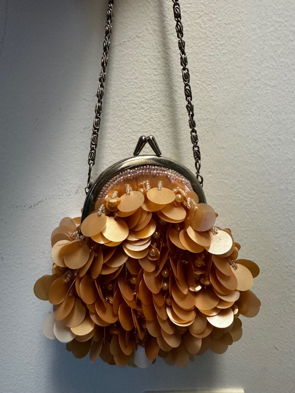 Evening Clutch with blush colored sequins and faux pearls